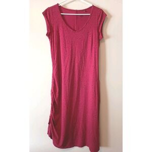 Toad&Co‎ Boho Eco Cotton Modal Ruched Midi Dress Pink Leaf Print Women's M Chic